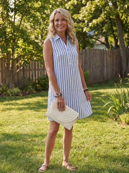 Stylish Striped Sleeveless Shirt Dress for Women