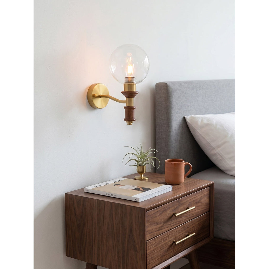 Globe Wall Sconce with Turned Wood & Gold Accents