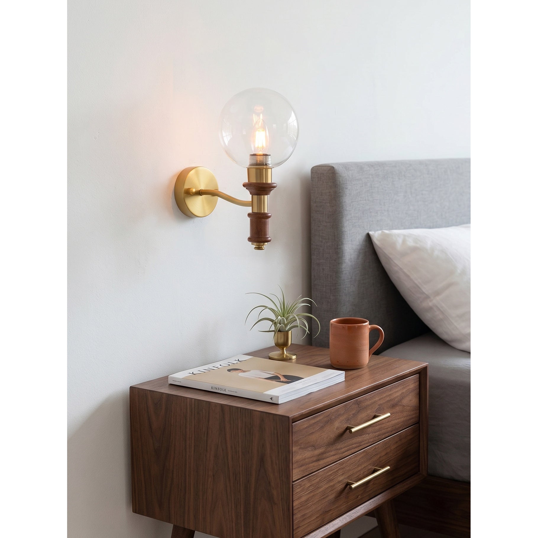 Globe Wall Sconce with Turned Wood & Gold Accents