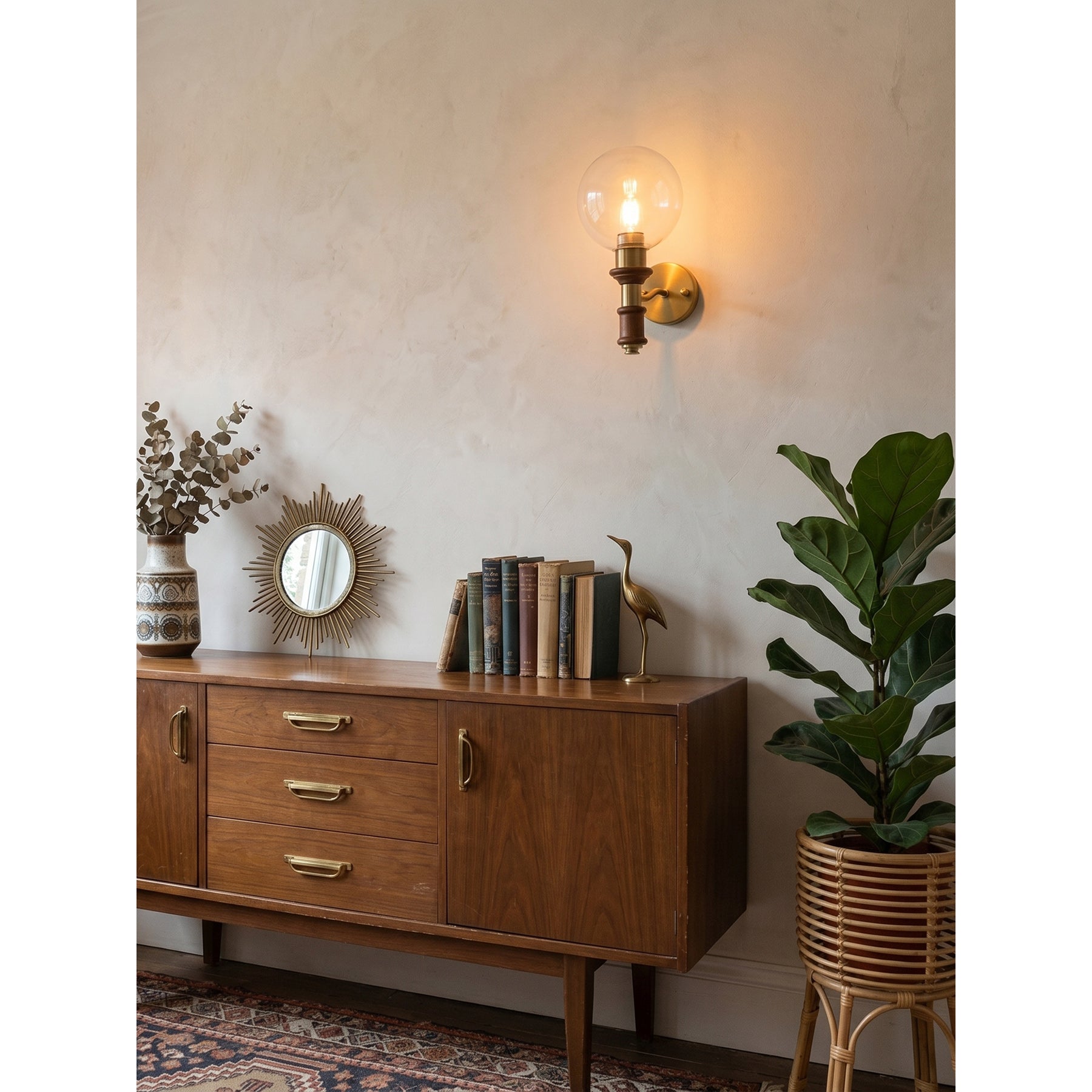 Globe Wall Sconce with Turned Wood & Gold Accents