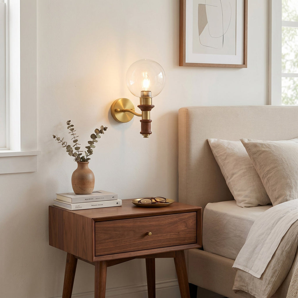 Globe Wall Sconce with Turned Wood & Gold Accents