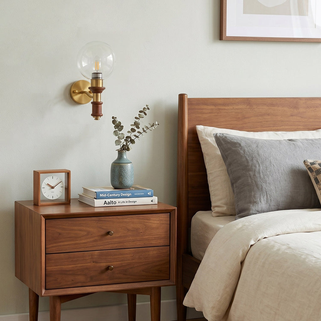 Globe Wall Sconce with Turned Wood & Gold Accents