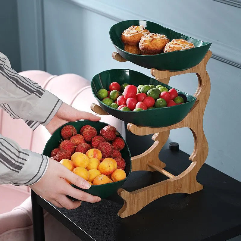 Tiered Fruit Stand Bamboo Frame Plastic Oval Bowls