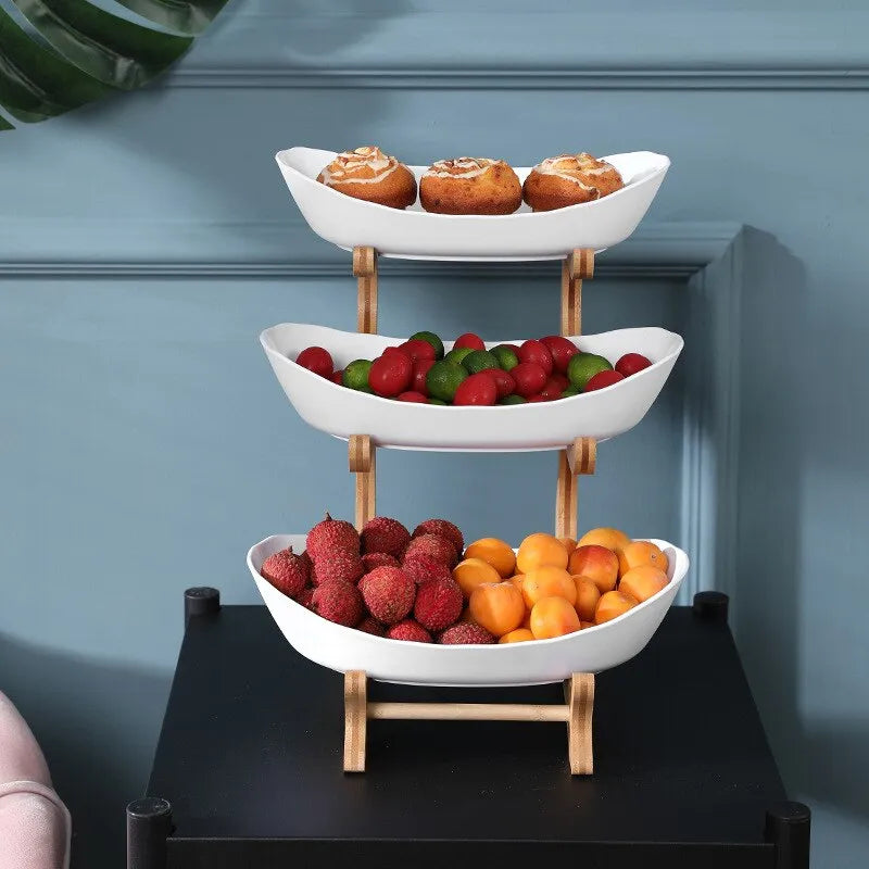 Tiered Fruit Stand Bamboo Frame Plastic Oval Bowls