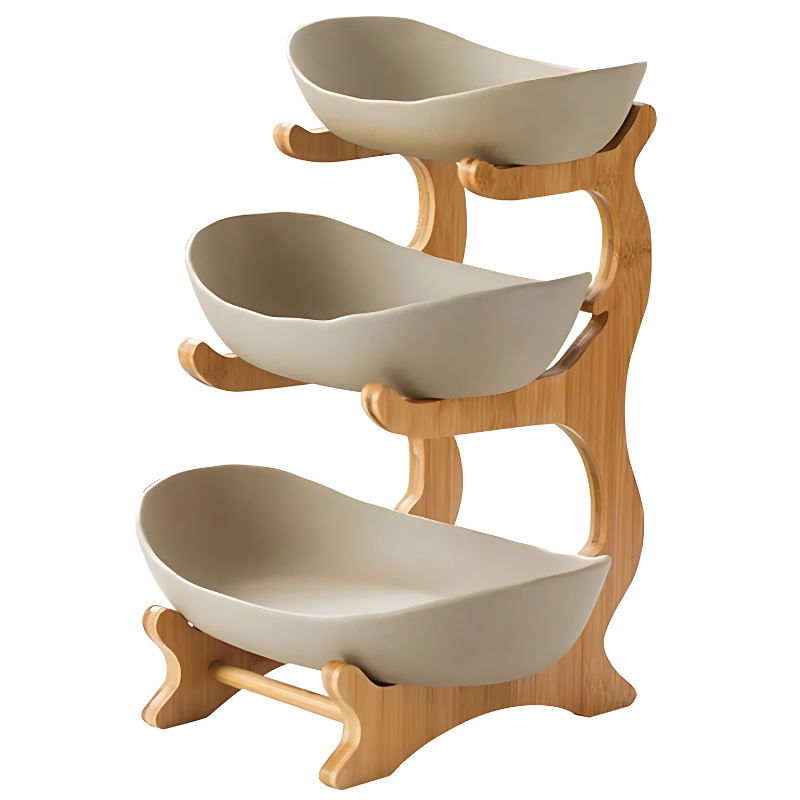 Tiered Fruit Stand Bamboo Frame Plastic Oval Bowls