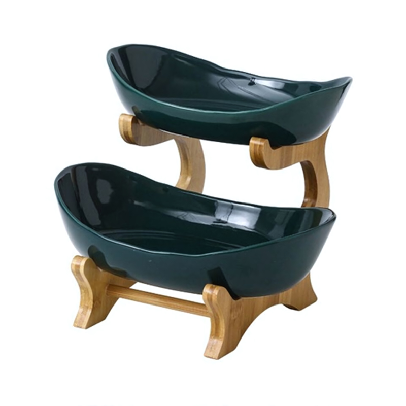 Tiered Fruit Stand Bamboo Frame Plastic Oval Bowls