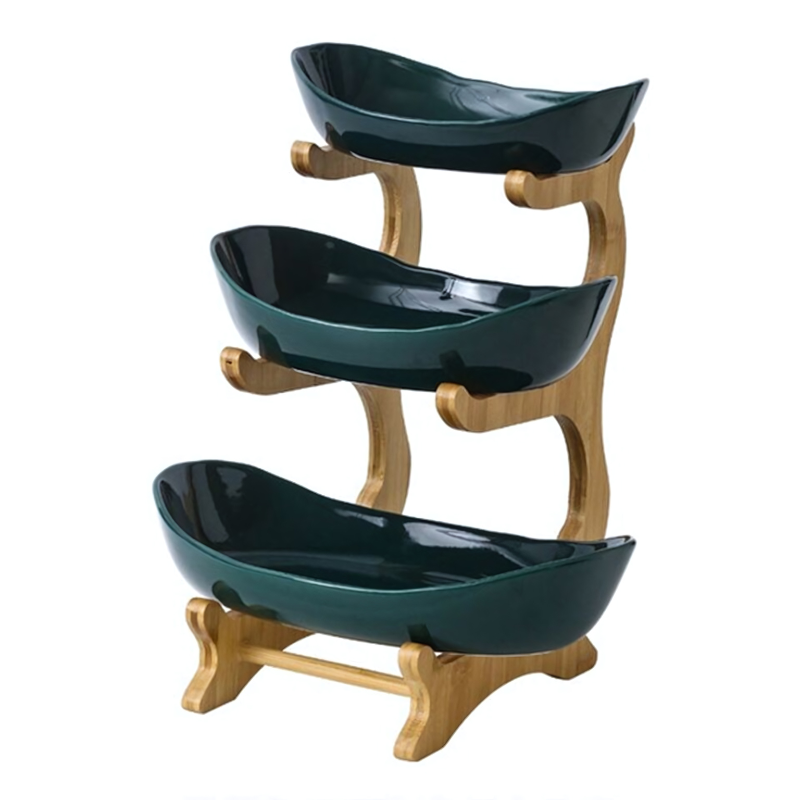 Tiered Fruit Stand Bamboo Frame Plastic Oval Bowls