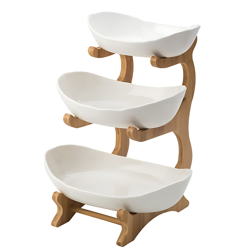 Tiered Fruit Stand Bamboo Frame Plastic Oval Bowls