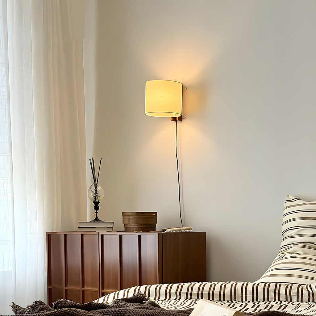 Plug-In Beech Wood Wall Lamp with Parchment Shade