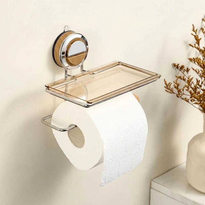 Toilet Paper Holder Stainless Steel Suction Mount Wood Grain Finish