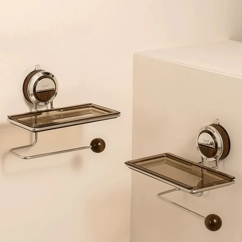 Toilet Paper Holder Stainless Steel Suction Mount Wood Grain Finish