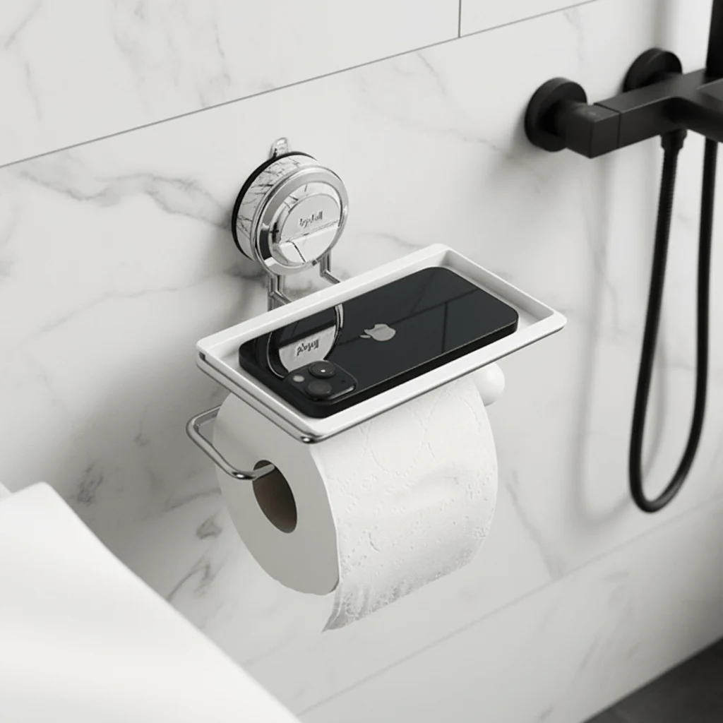 Toilet Paper Holder Stainless Steel Suction Mount Wood Grain Finish
