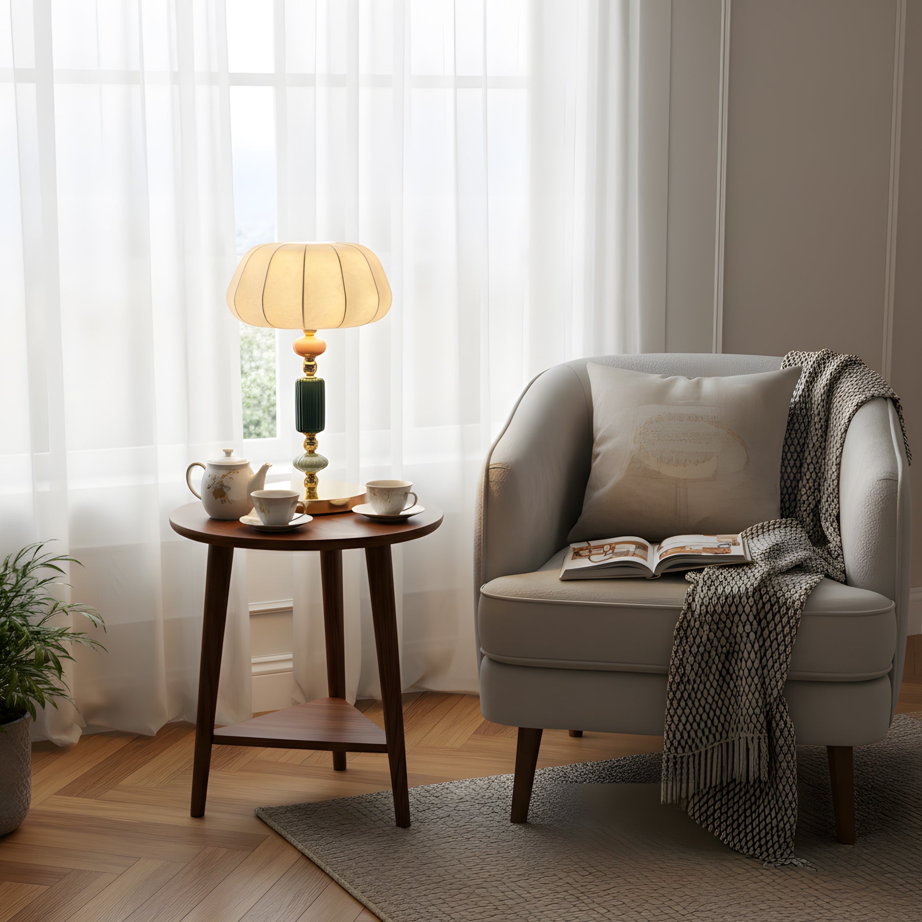 Sculptural Metal Table Lamp with Silk-Look Shade