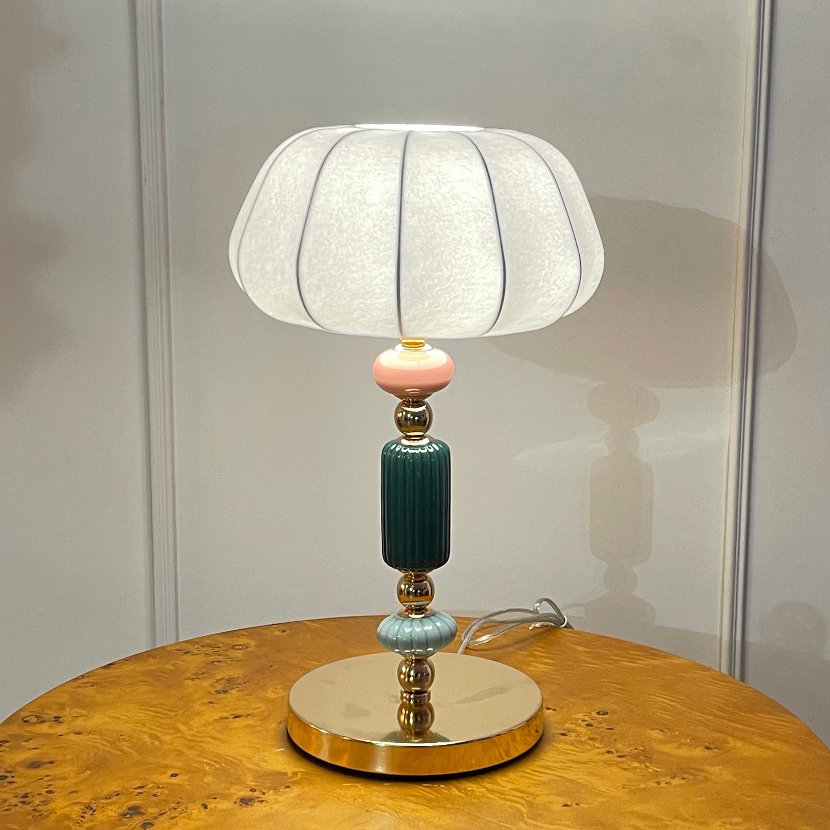 Sculptural Metal Table Lamp with Silk-Look Shade