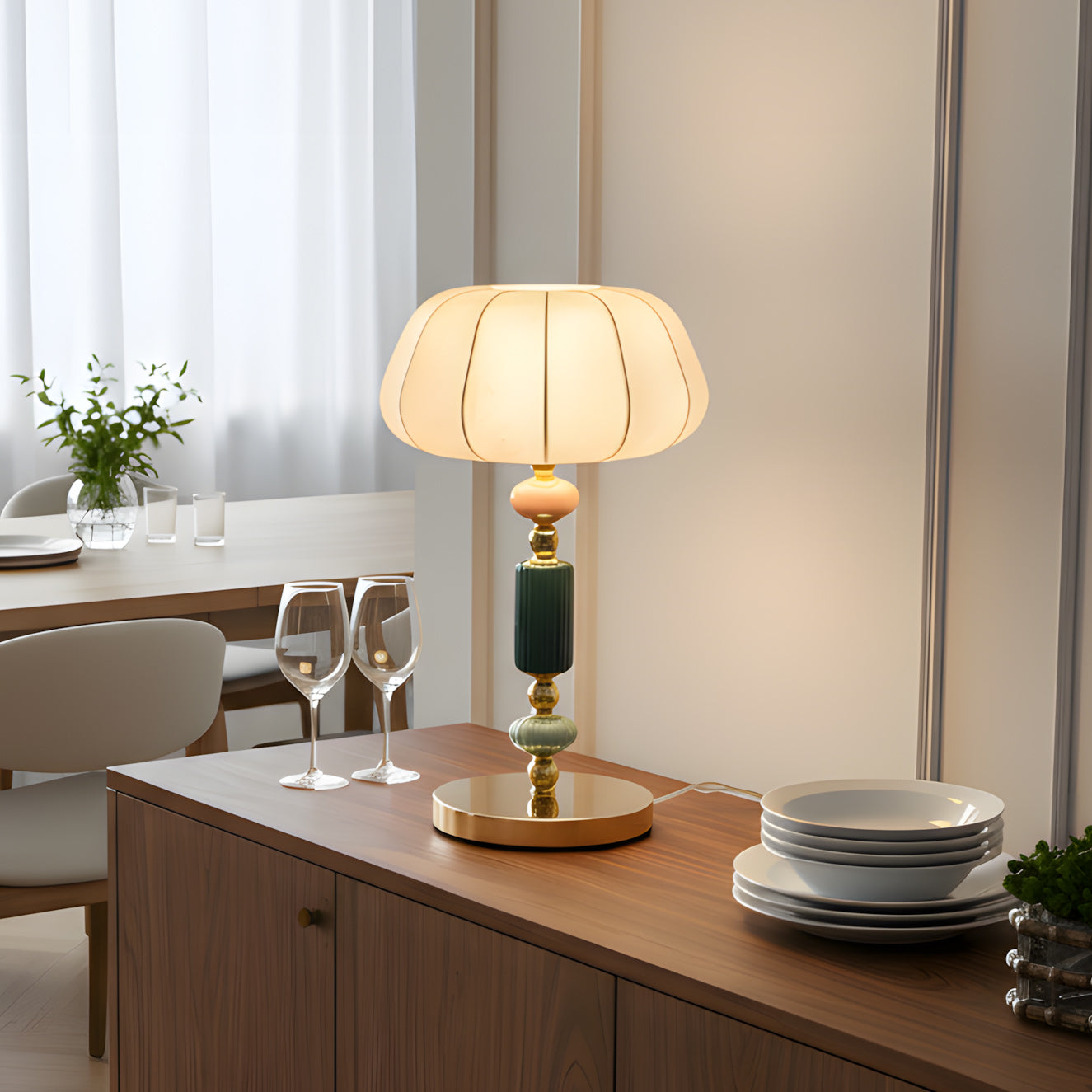 Sculptural Metal Table Lamp with Silk-Look Shade