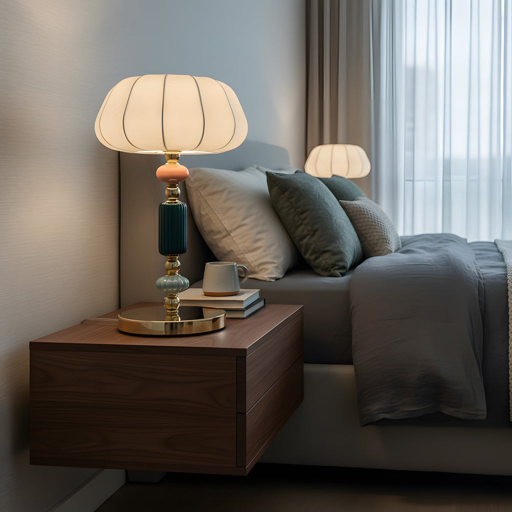 Sculptural Metal Table Lamp with Silk-Look Shade