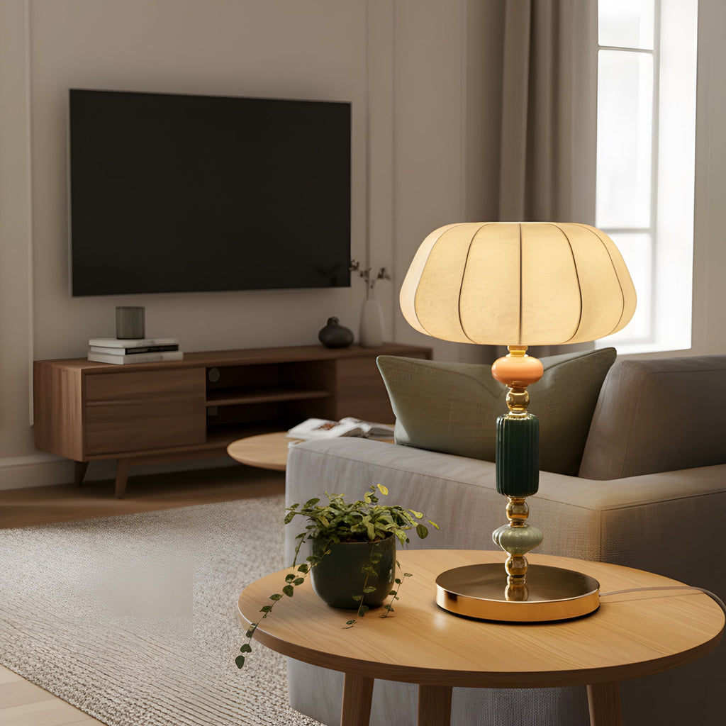 Sculptural Metal Table Lamp with Silk-Look Shade