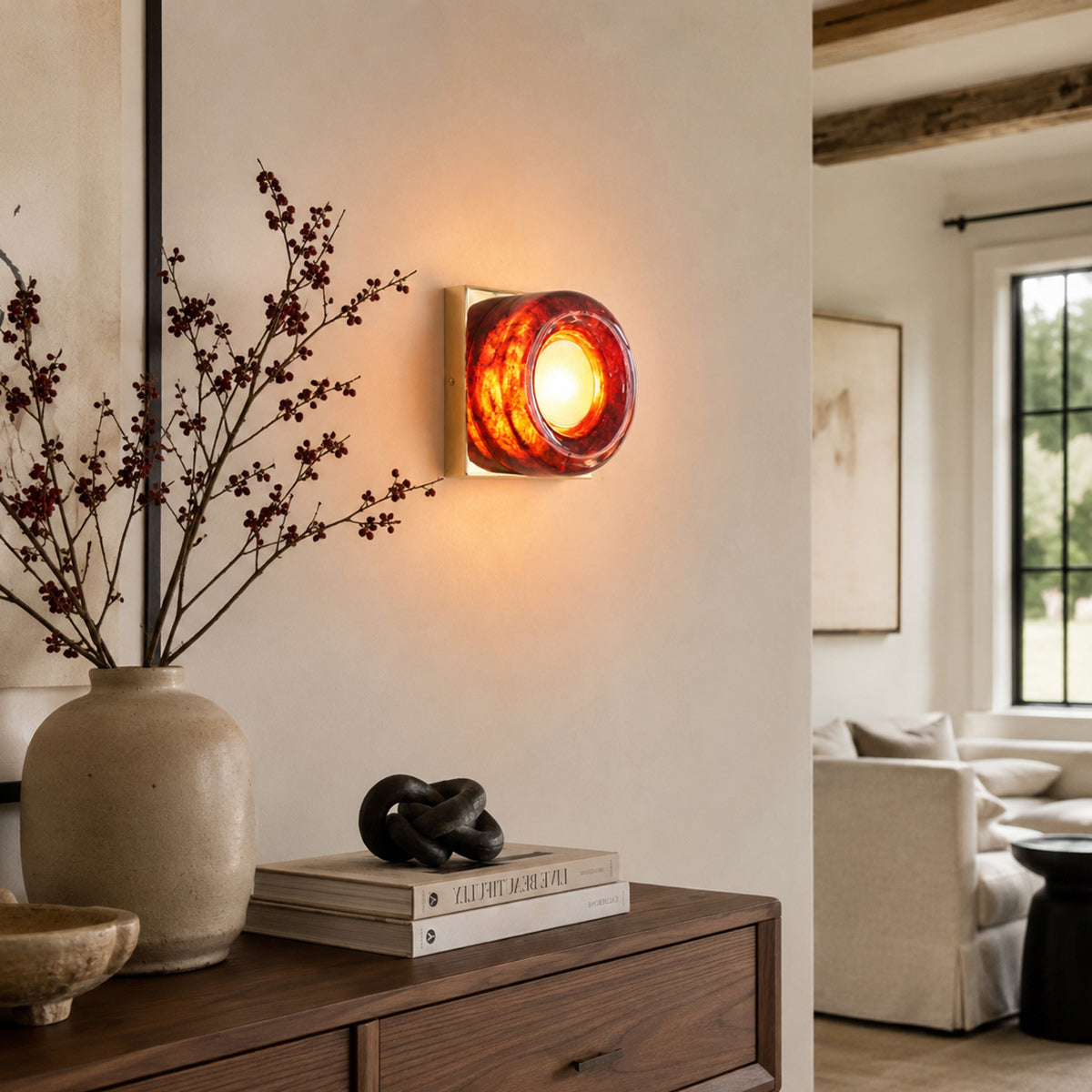Amber Resin Wall Sconce with Square Iron Backplate