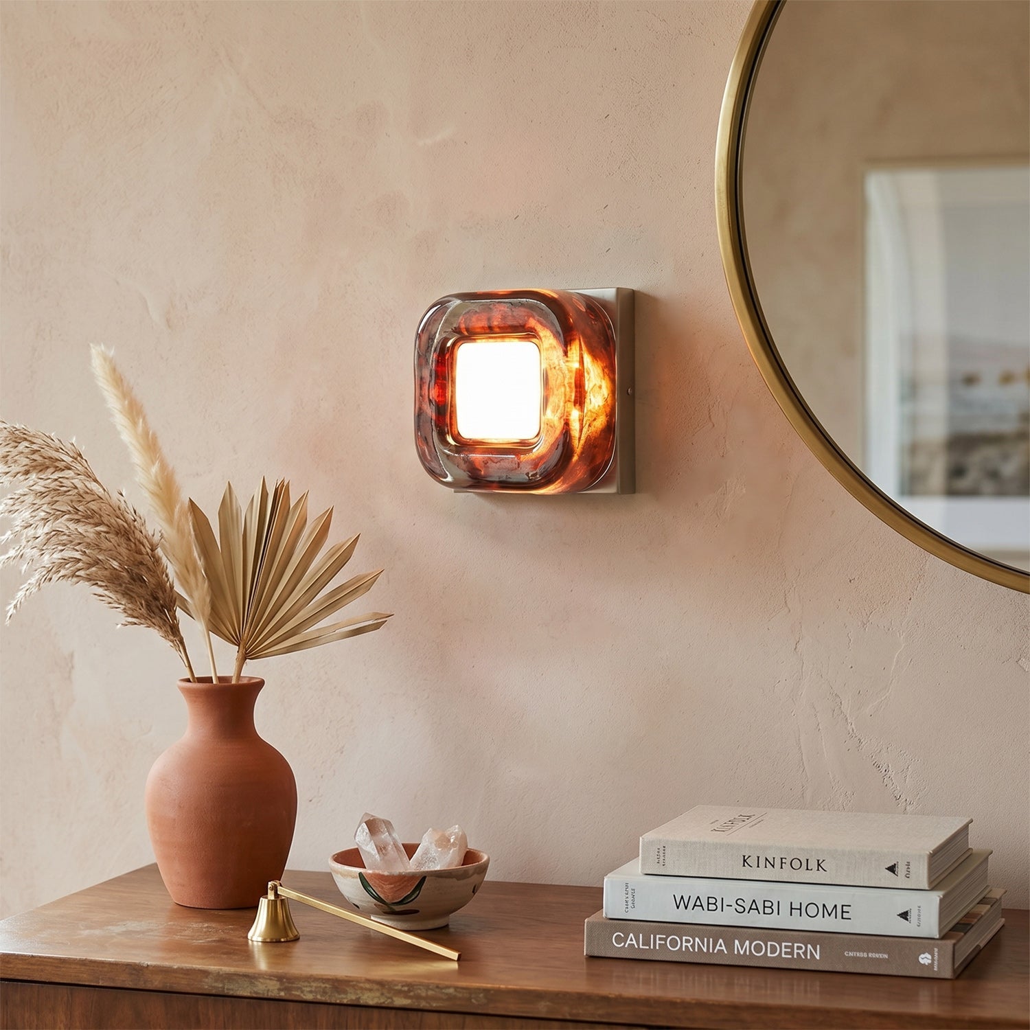 Amber Resin Wall Sconce with Square Iron Backplate