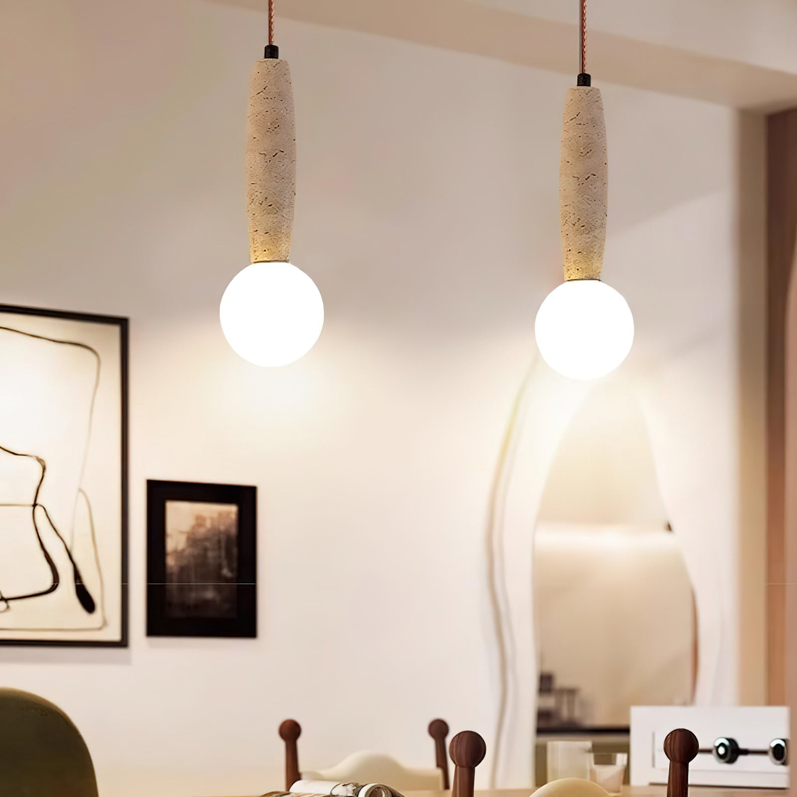Travertine & White Glass Globe Pendant Light