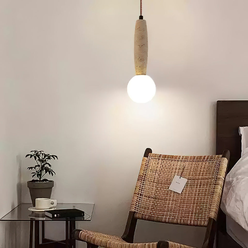 Travertine & White Glass Globe Pendant Light