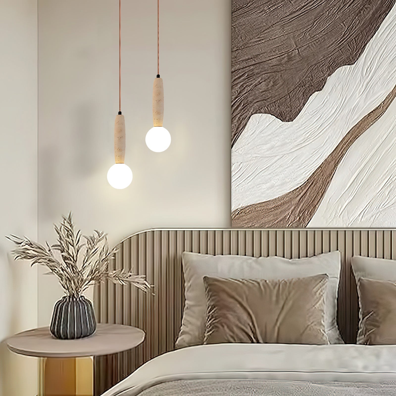 Travertine & White Glass Globe Pendant Light