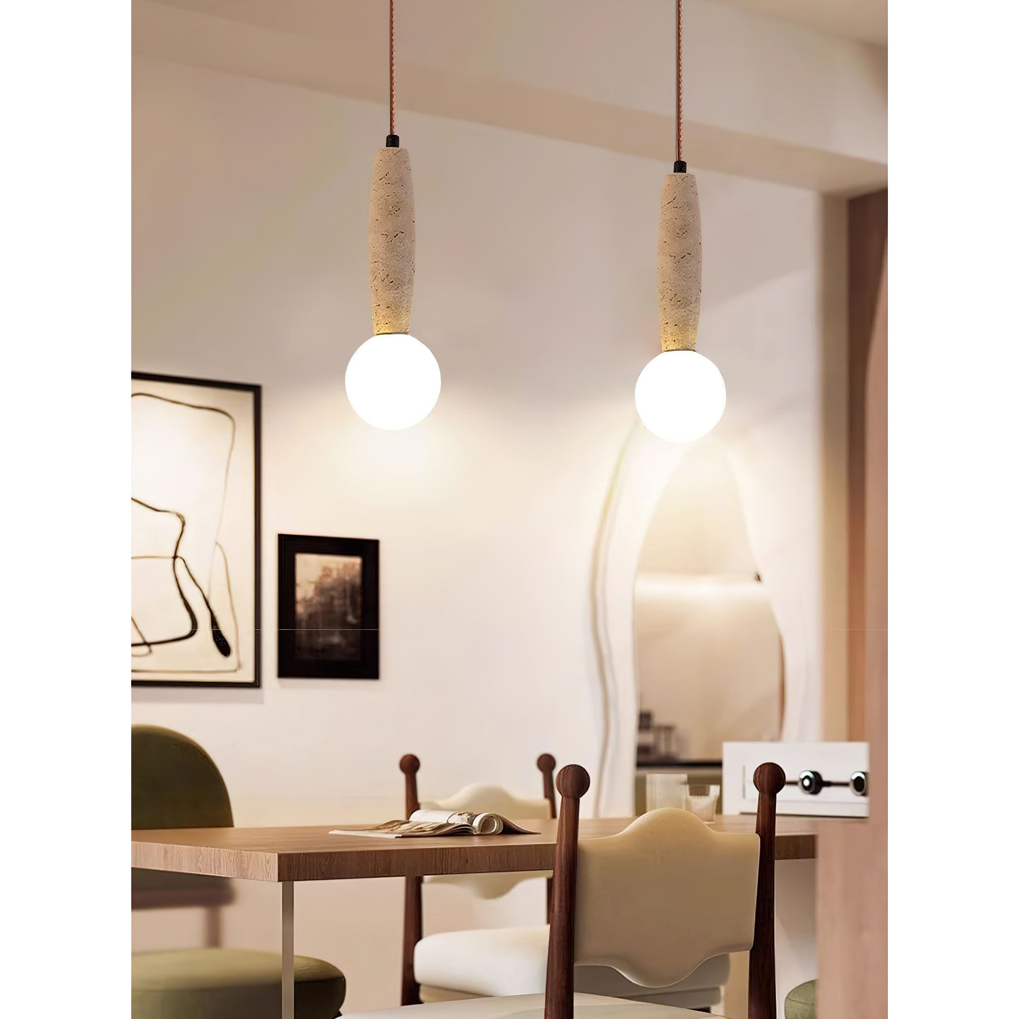 Travertine & White Glass Globe Pendant Light