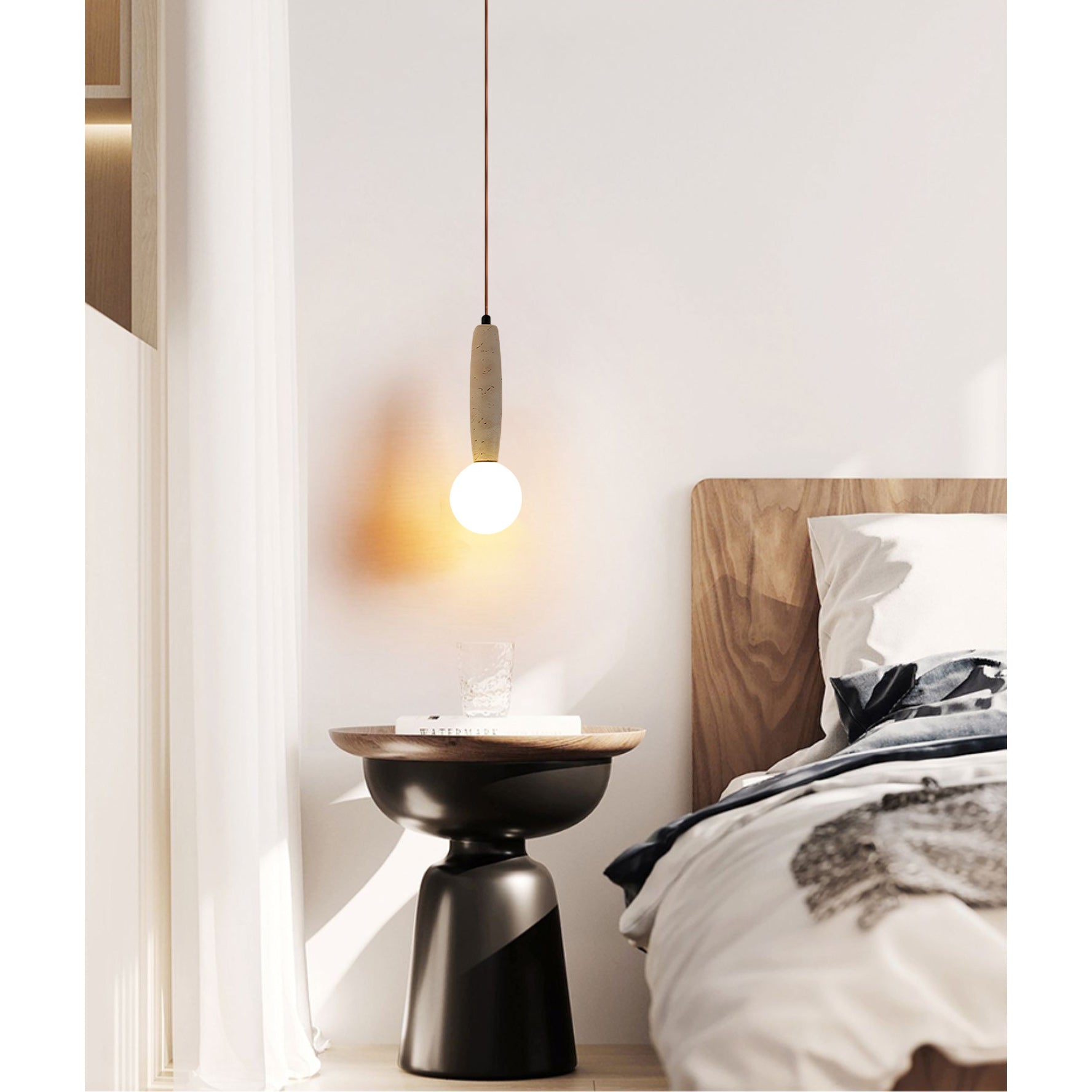 Travertine & White Glass Globe Pendant Light