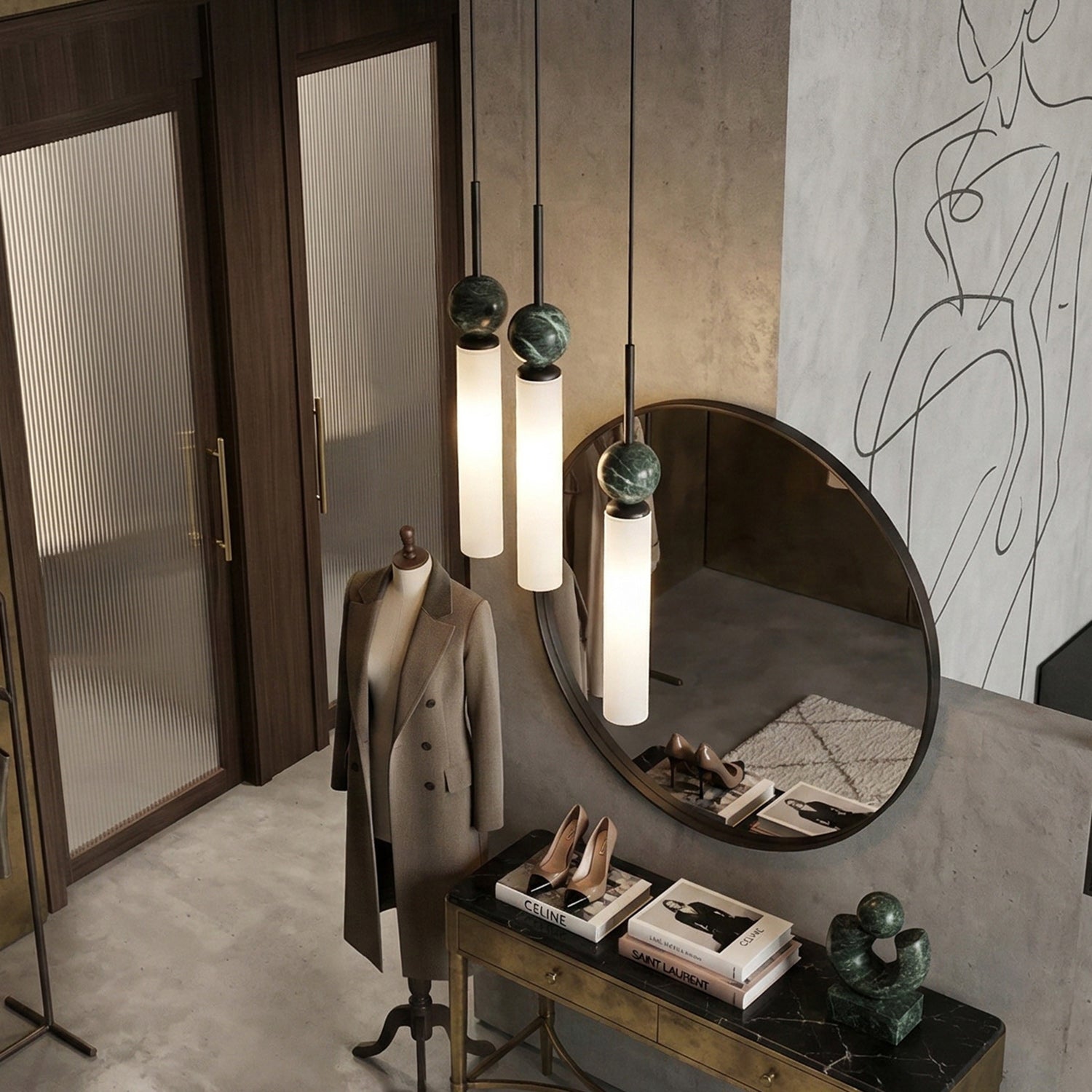 Brass & Marble Cylinder Pendant with Frosted Shade