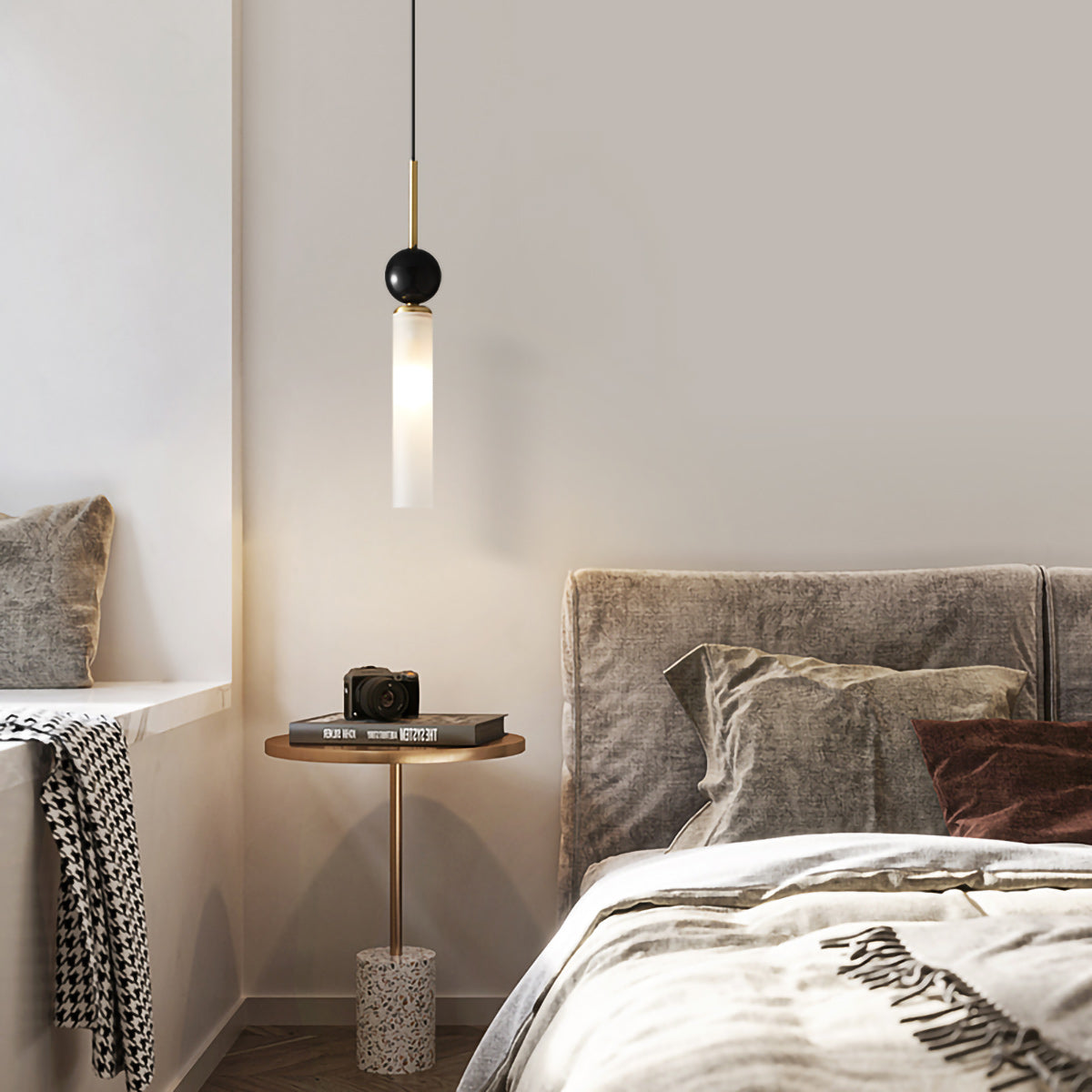 Brass & Marble Cylinder Pendant with Frosted Shade