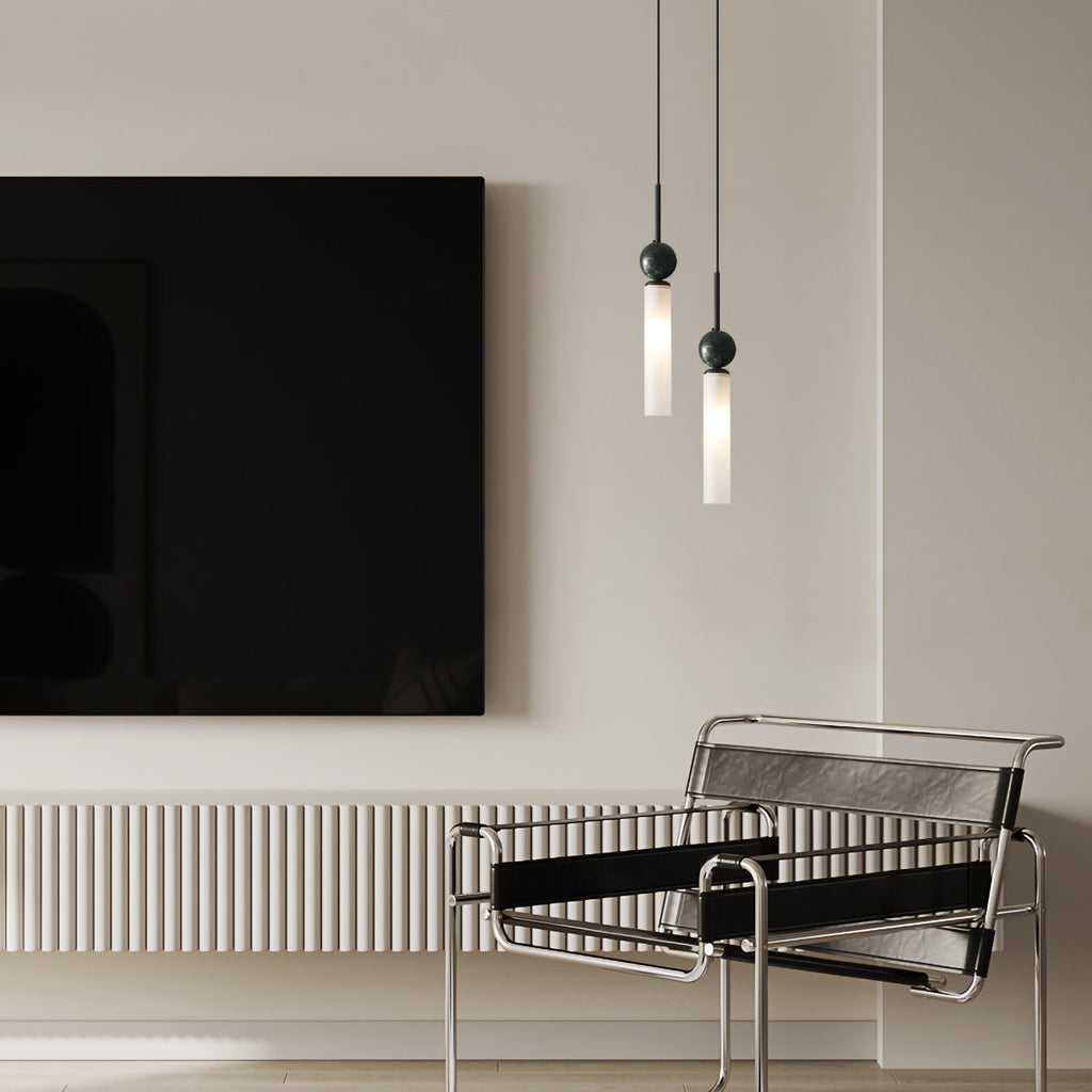 Brass & Marble Cylinder Pendant with Frosted Shade