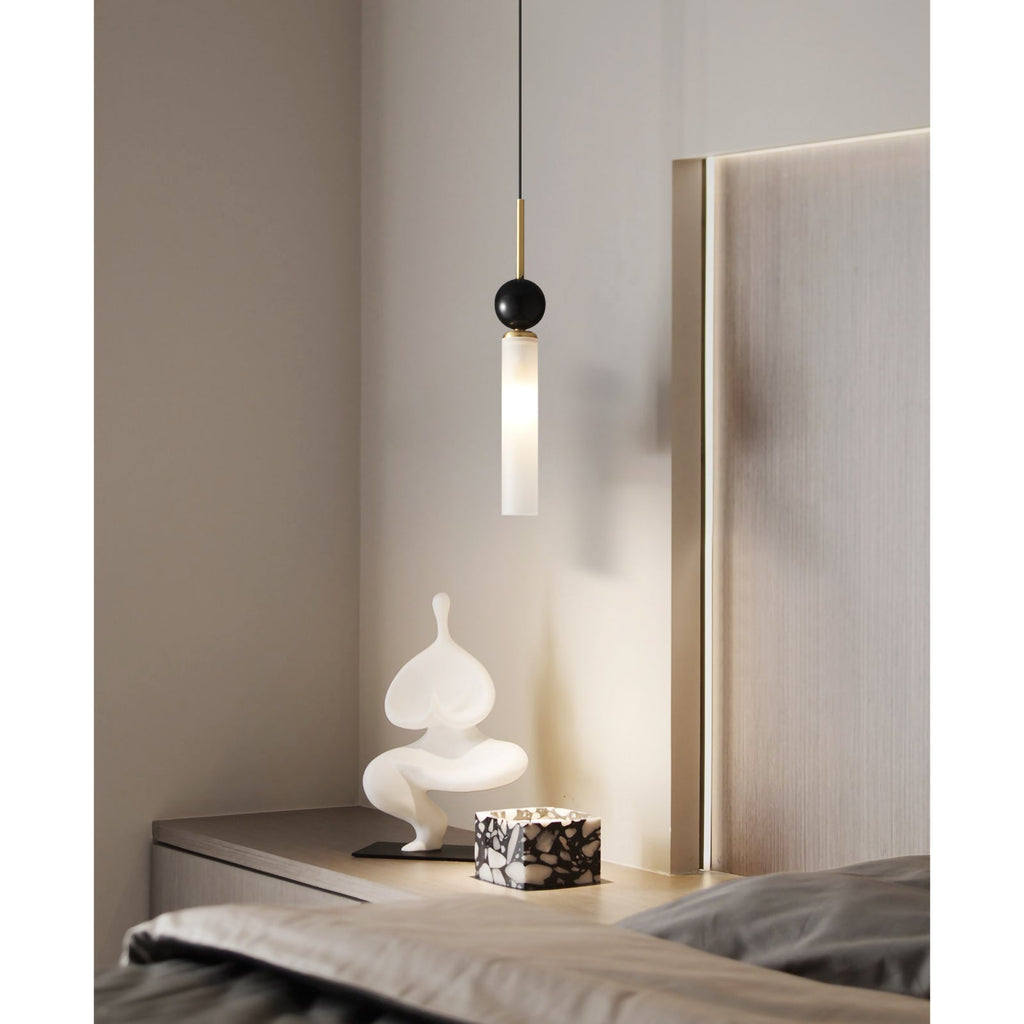 Brass & Marble Cylinder Pendant with Frosted Shade