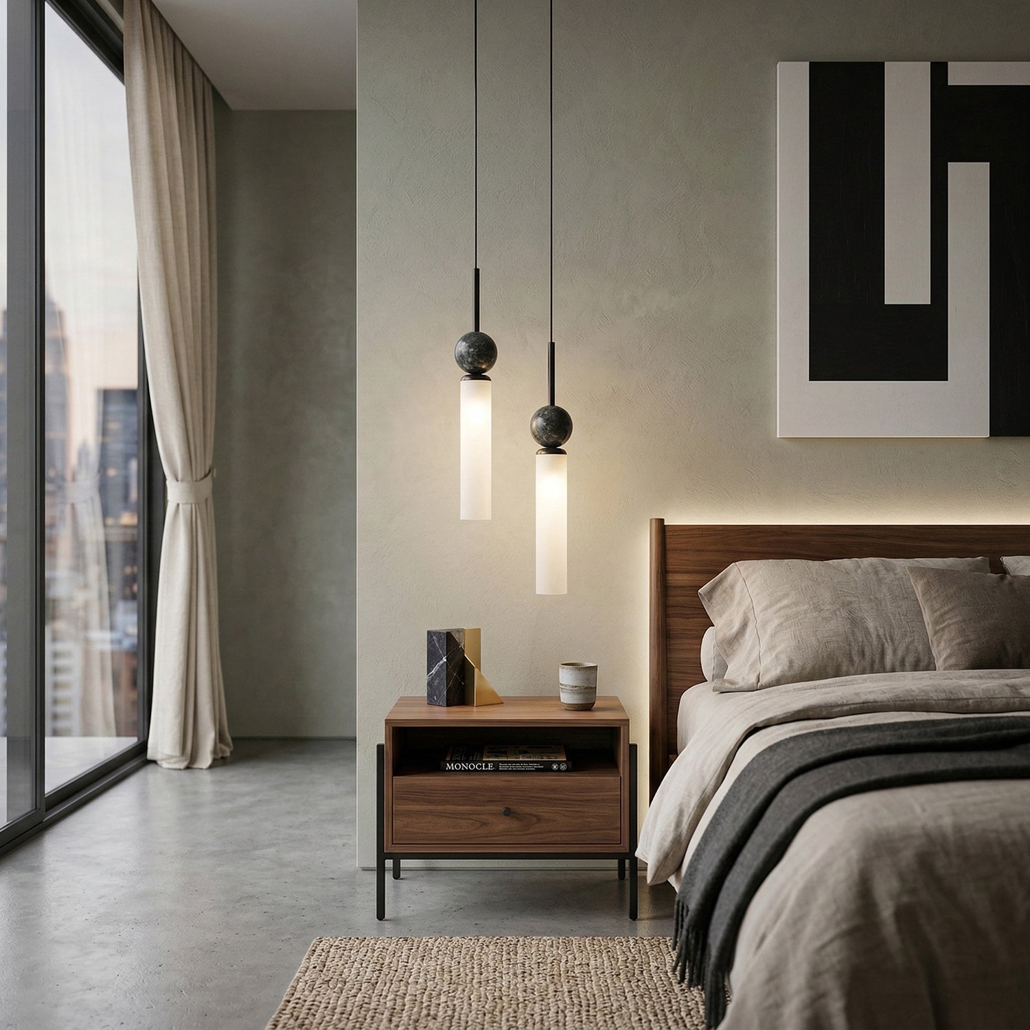 Brass & Marble Cylinder Pendant with Frosted Shade