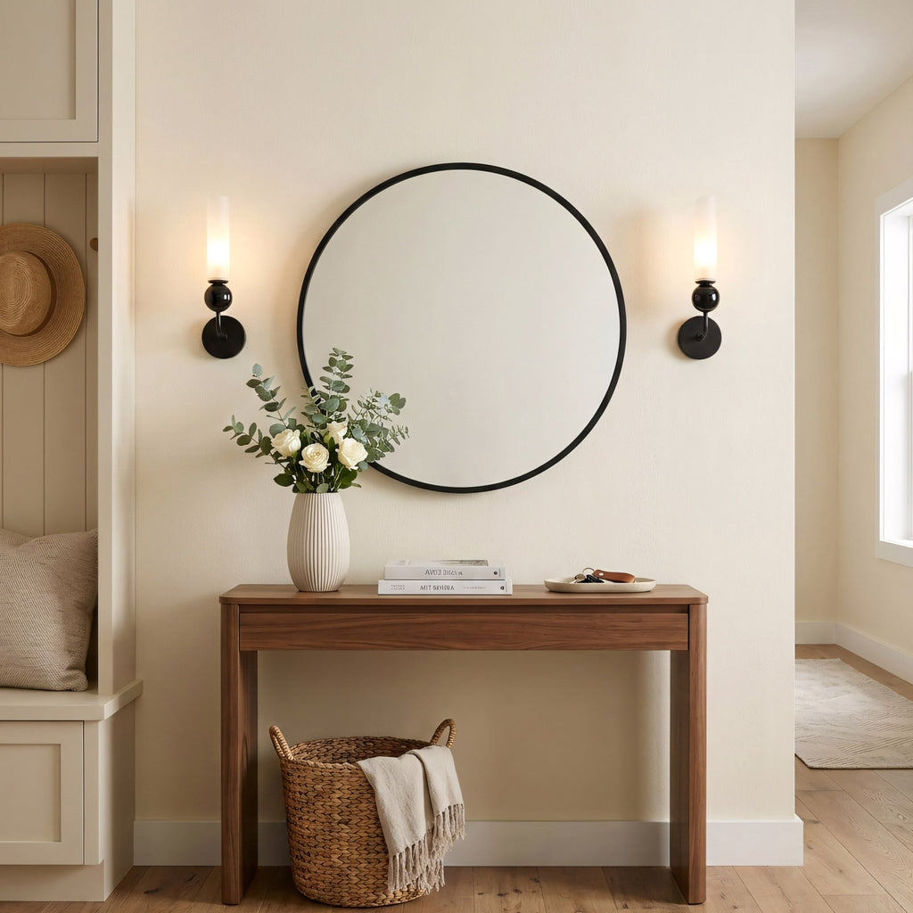 Brass & Marble Cylinder Wall Lamp with Frosted Shade