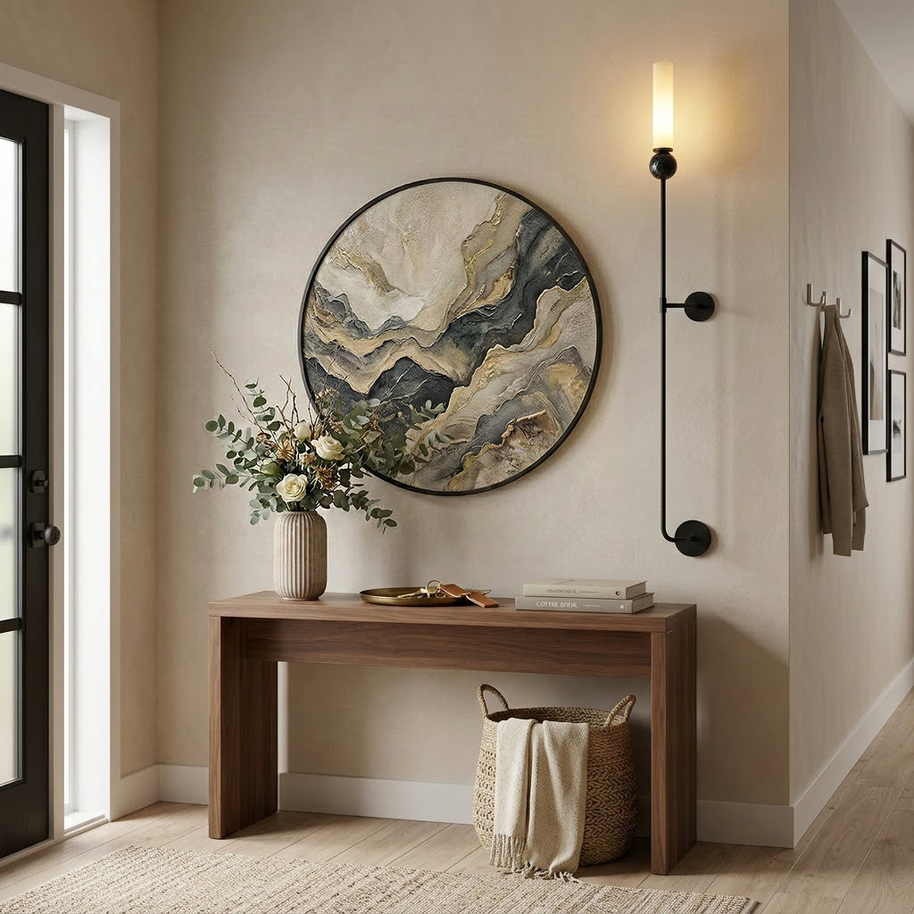 Brass & Marble Cylinder Wall Lamp with Frosted Shade