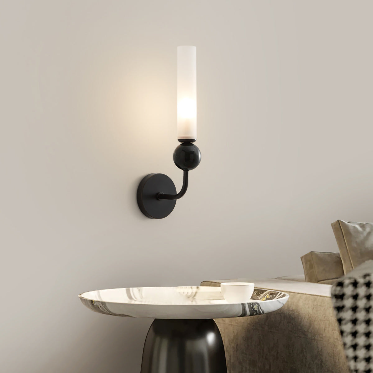 Brass & Marble Cylinder Wall Lamp with Frosted Shade
