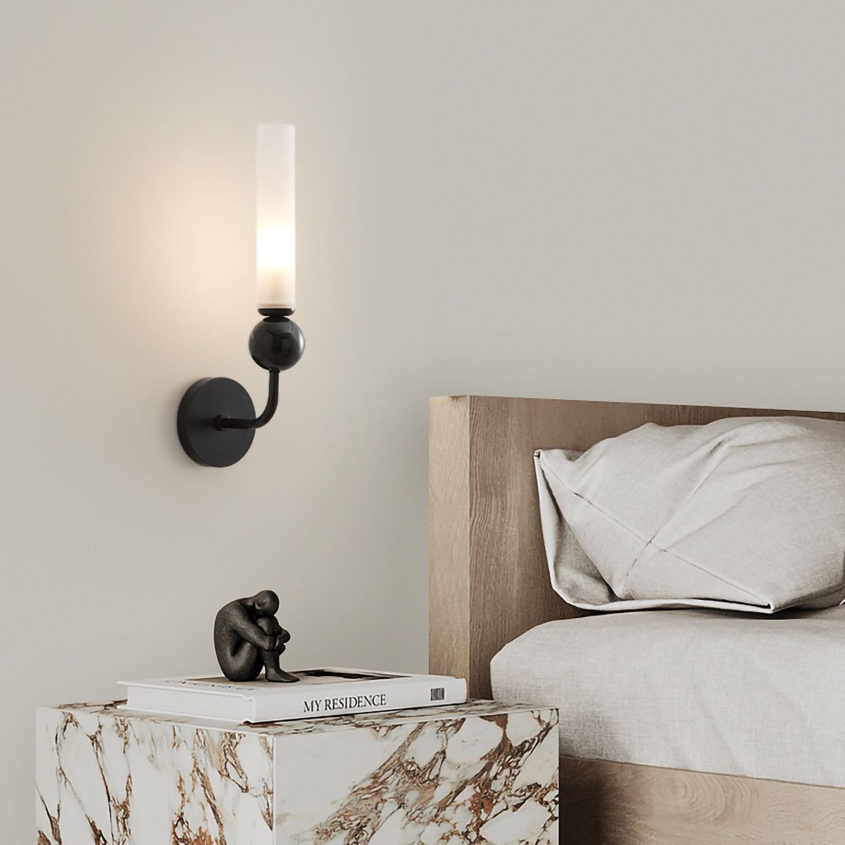 Brass & Marble Cylinder Wall Lamp with Frosted Shade
