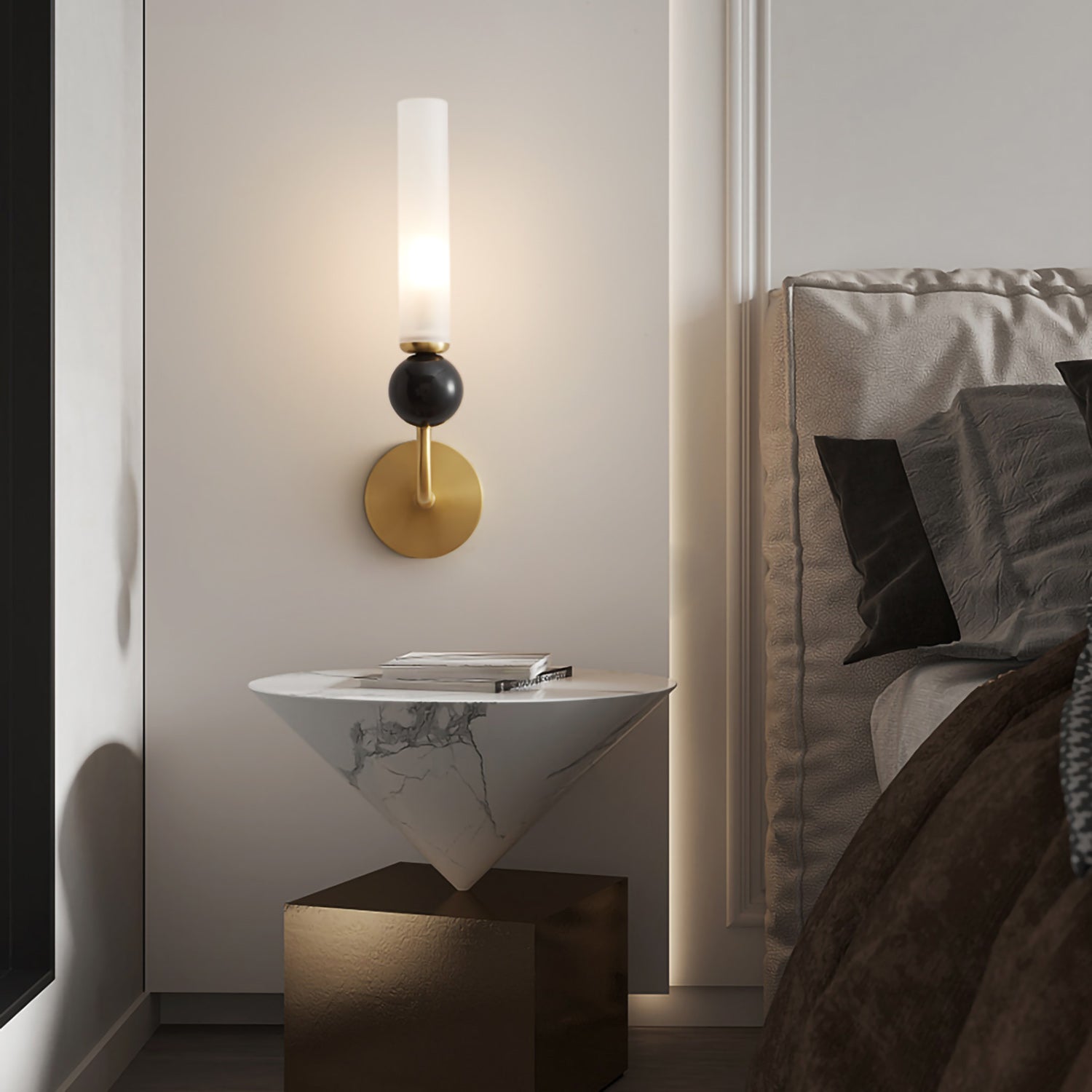 Brass & Marble Cylinder Wall Lamp with Frosted Shade