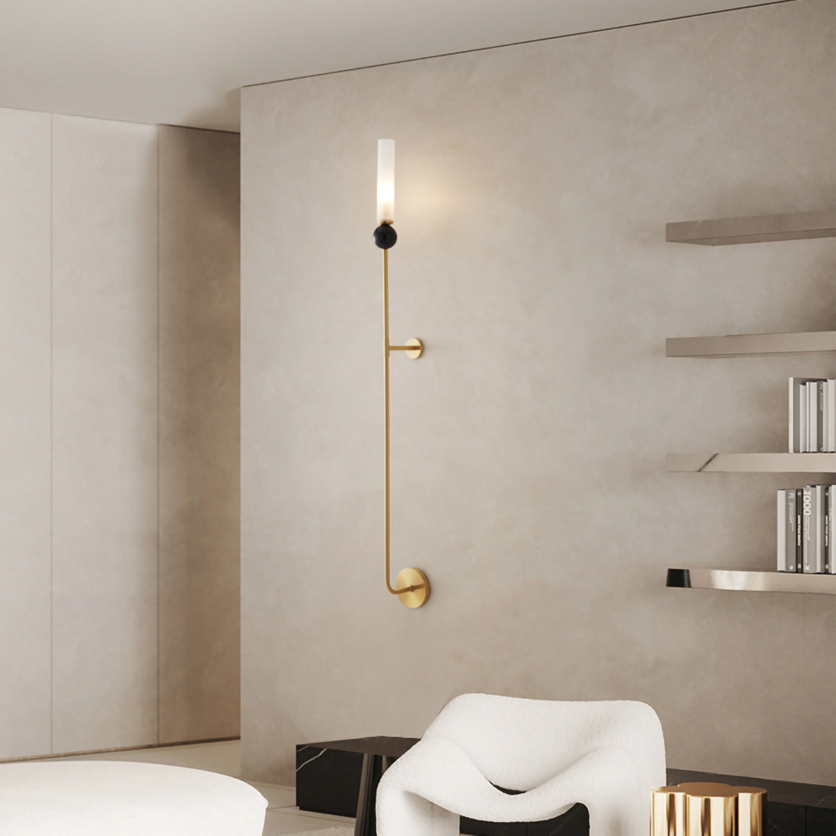 Brass & Marble Cylinder Wall Lamp with Frosted Shade