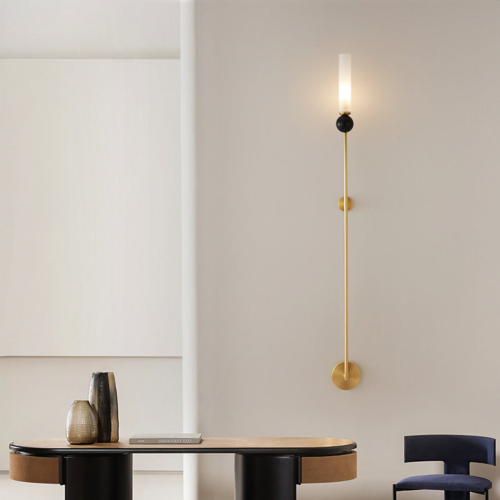 Brass & Marble Cylinder Wall Lamp with Frosted Shade