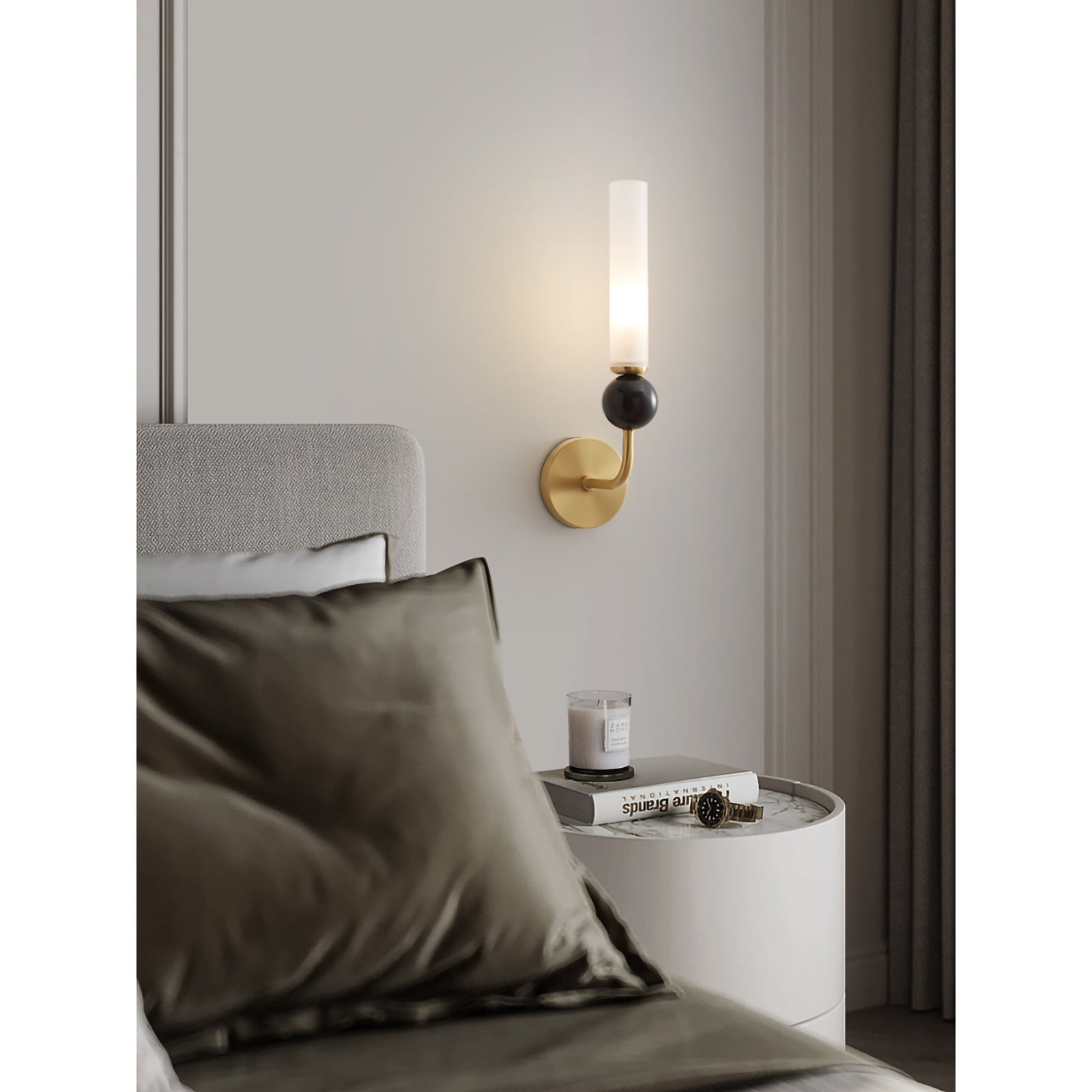 Brass & Marble Cylinder Wall Lamp with Frosted Shade