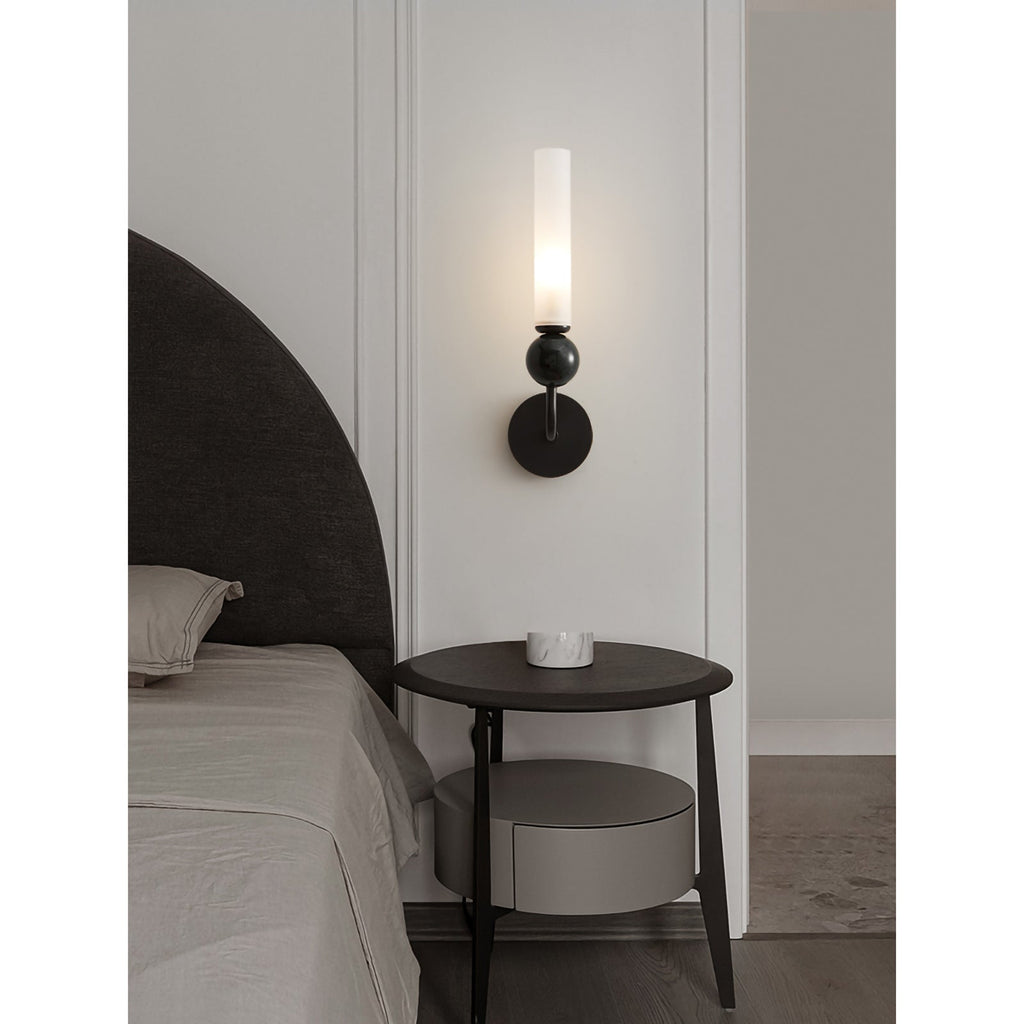 Brass & Marble Cylinder Wall Lamp with Frosted Shade