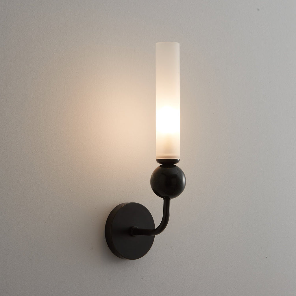 Brass & Marble Cylinder Wall Lamp with Frosted Shade