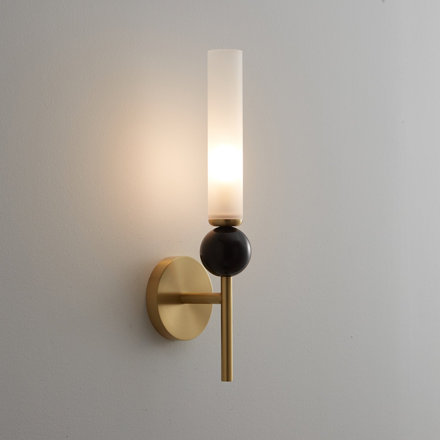 Brass & Marble Cylinder Wall Lamp with Frosted Shade