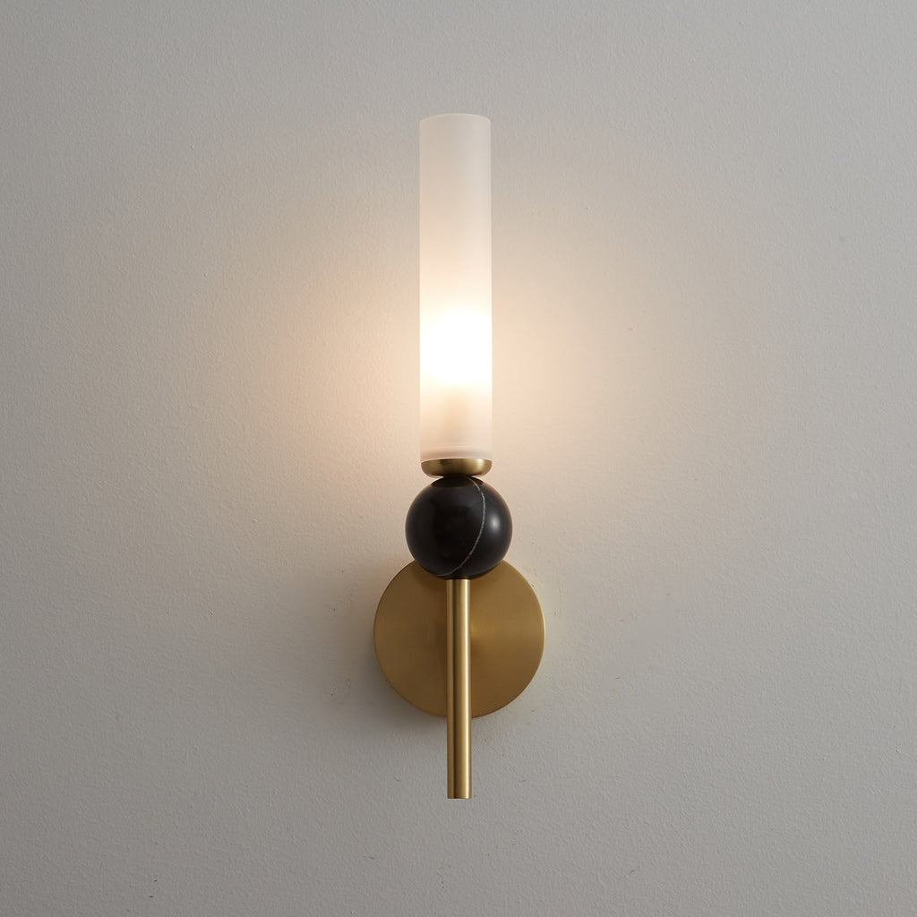 Brass & Marble Cylinder Wall Lamp with Frosted Shade