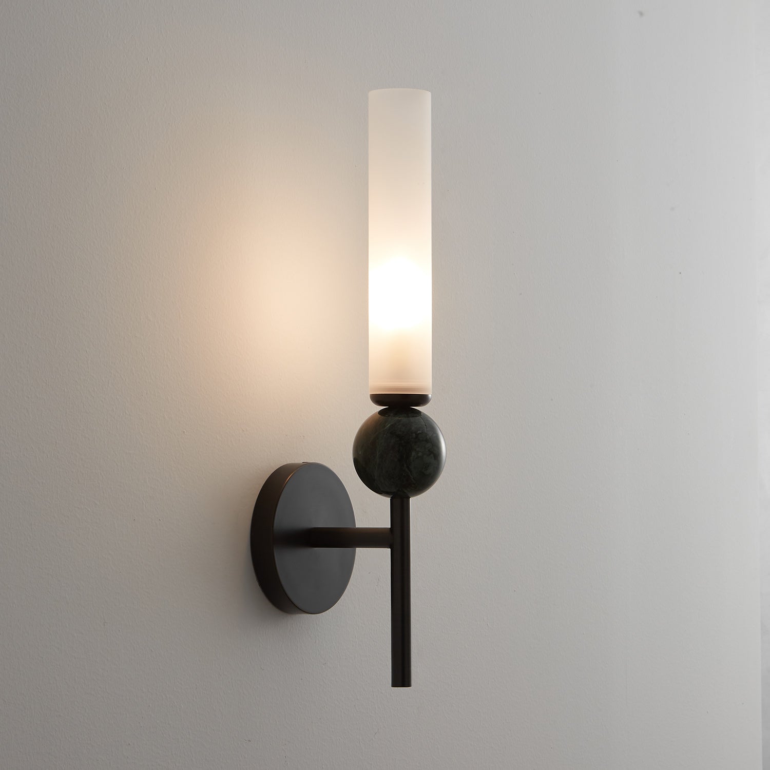Brass & Marble Cylinder Wall Lamp with Frosted Shade