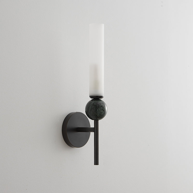 Brass & Marble Cylinder Wall Lamp with Frosted Shade