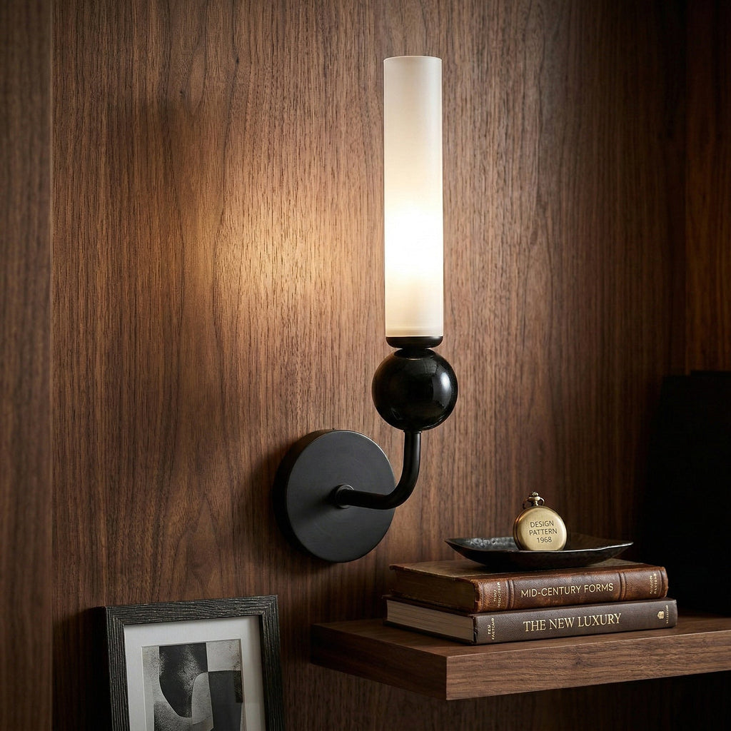 Brass & Marble Cylinder Wall Lamp with Frosted Shade