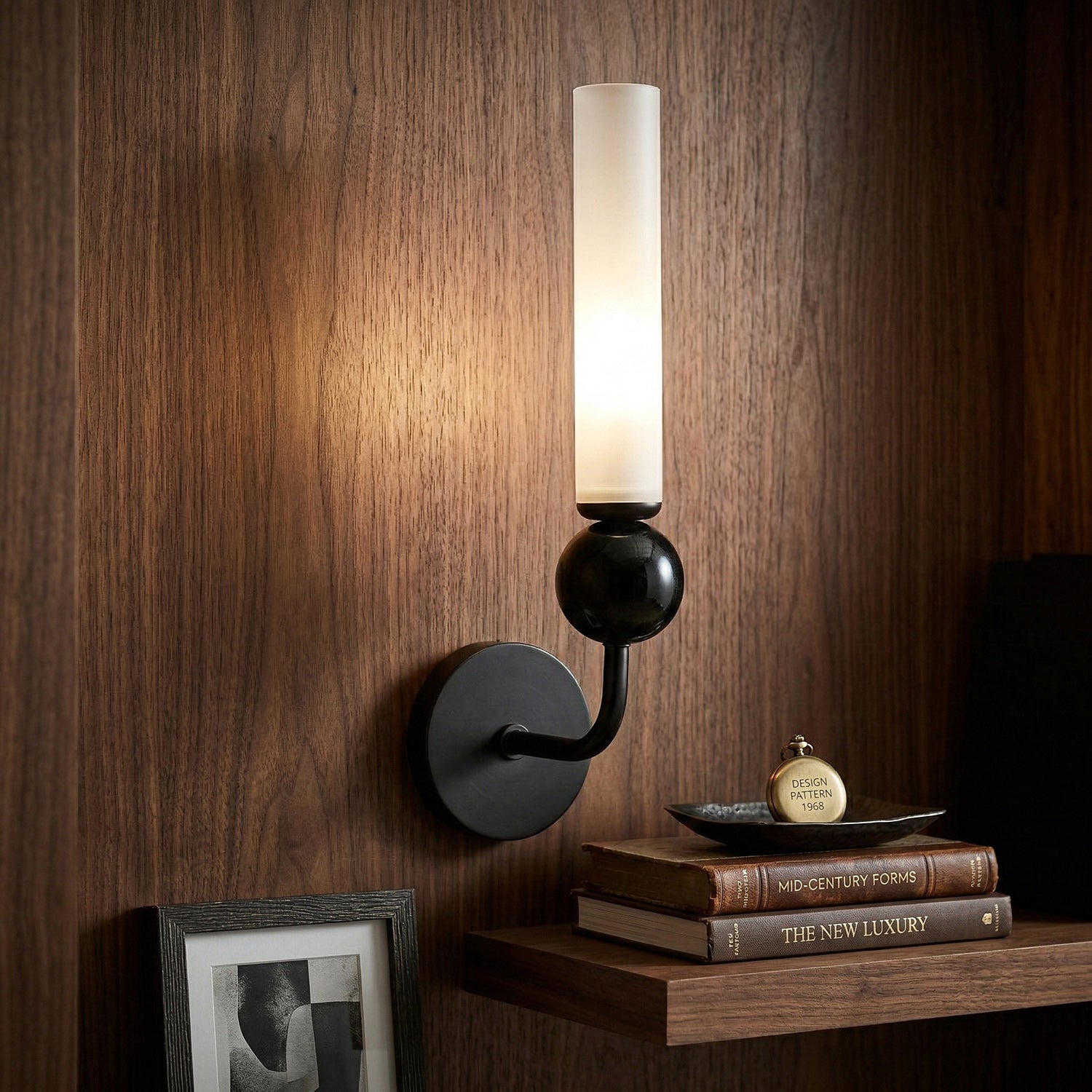 Brass & Marble Cylinder Wall Lamp with Frosted Shade