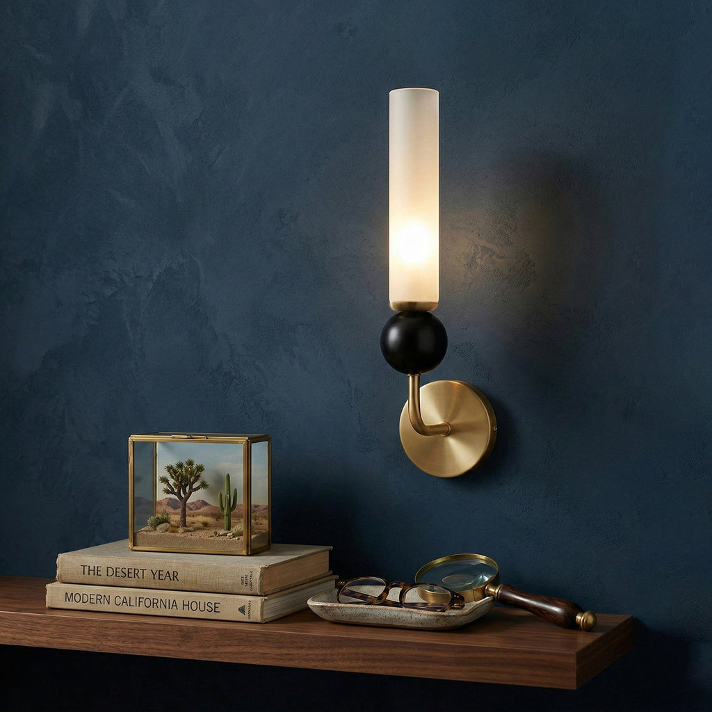 Brass & Marble Cylinder Wall Lamp with Frosted Shade